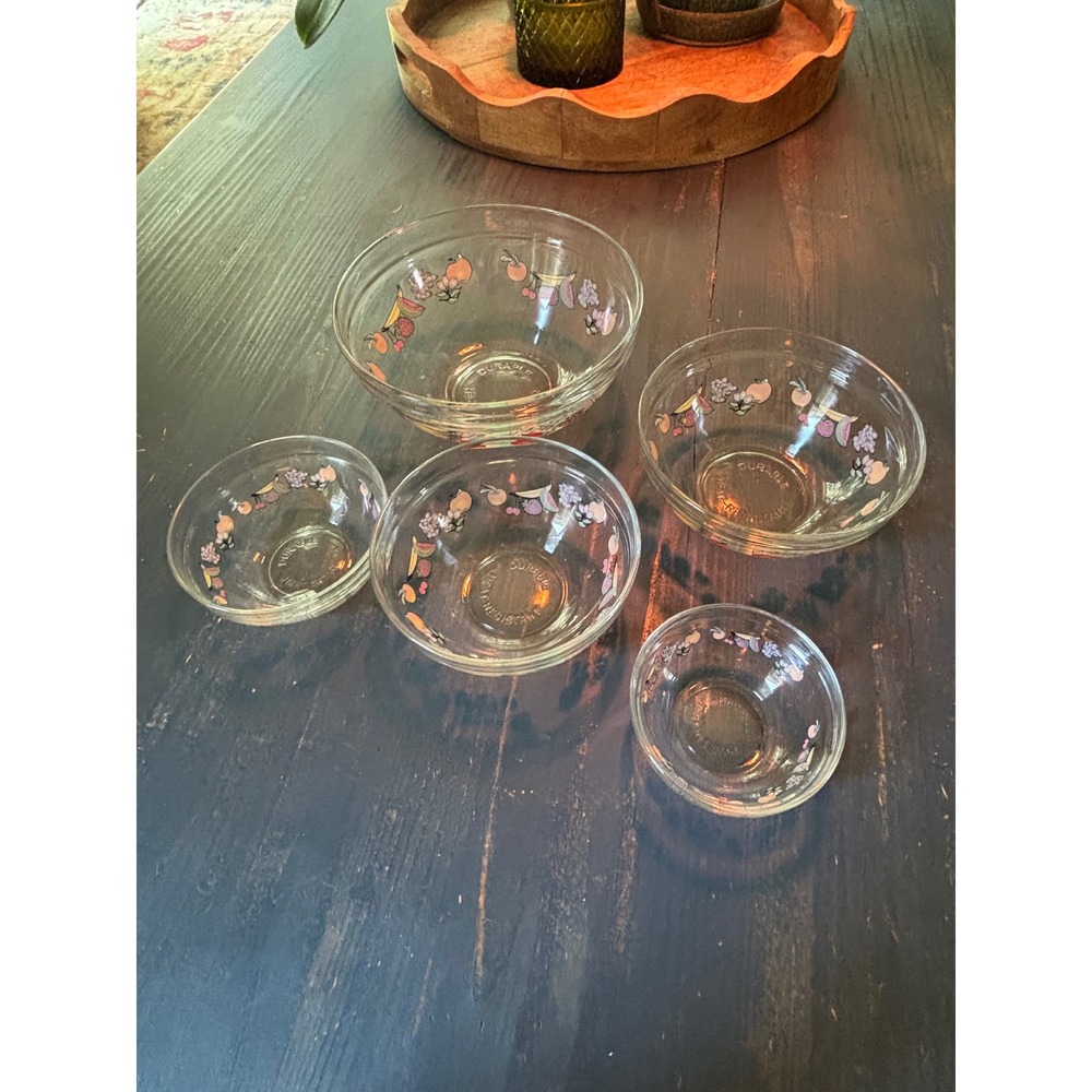 Vintage Fruit Motif Glass Nesting Mixing Bowls Set of 5 Heat Resistant Clear - Picture 6 of 12